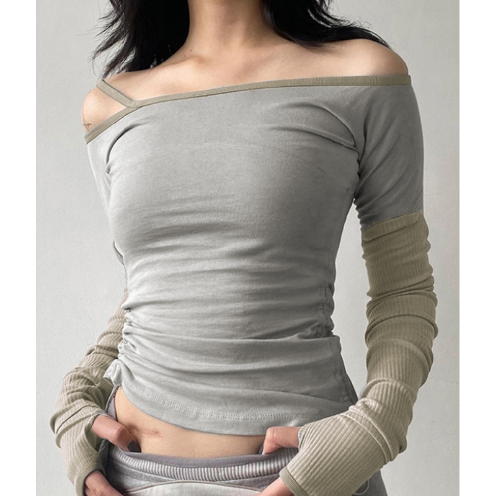 Off Shoulder Splice Side Drawstring Long Sleeve Tee